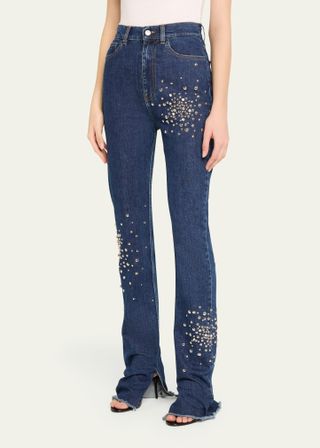 Embellished Skinny Side-Slit Jeans