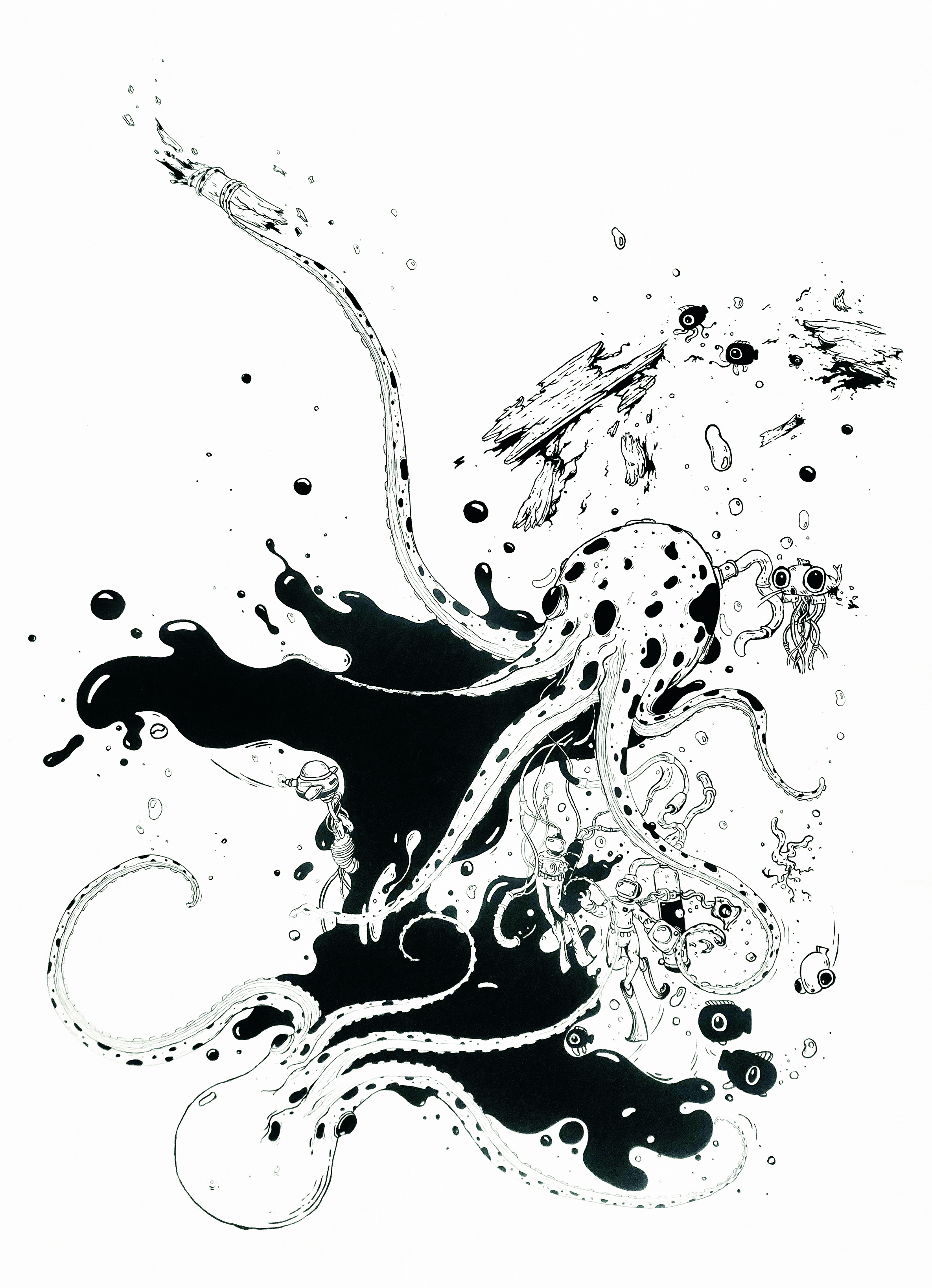 Ink line art showing an alien creature by Kevin Antoine