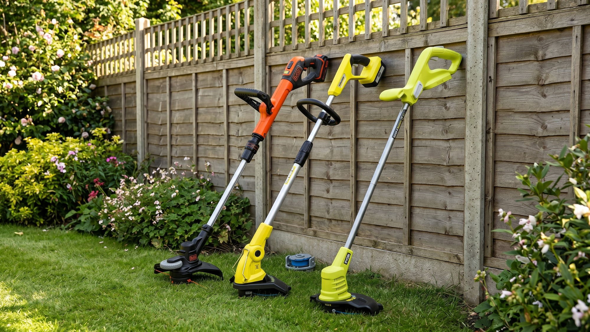 Three of the best cordless strimmers rested against a wooden fence in a garden with cut grass and flower beds