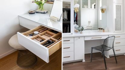 White vanity with open wooden drawer on left, white vanity with chair and mirror on right