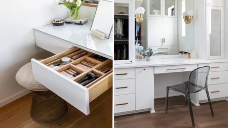 White vanity with open wooden drawer on left, white vanity with chair and mirror on right