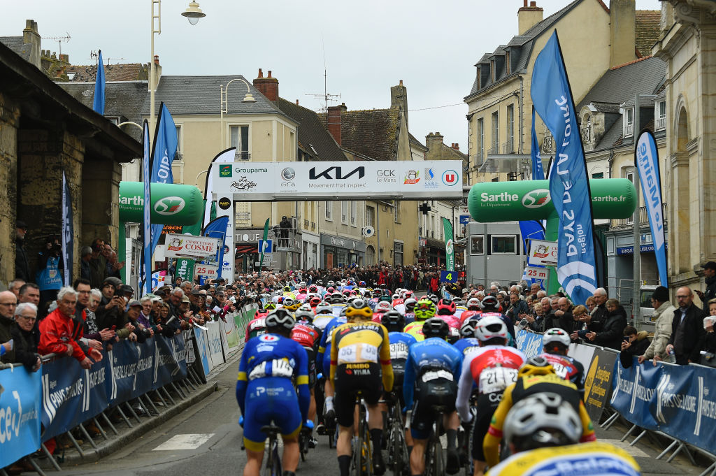 MAMERS FRANCE APRIL 05 A general view of the peloton competing during the 68th Circuit Cycliste Sarthe Pays de la Loire 2022 Stage 1 a 1923km stage from Mamers to Mamers CircuitSarthe on April 05 2022 in Mamers France Photo by Dario BelingheriGetty Images