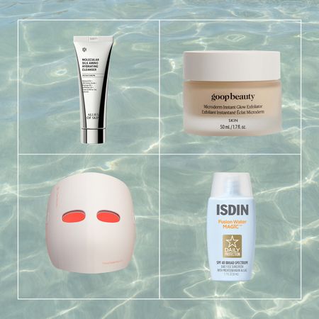 Collage of skincare products on a rippling water background