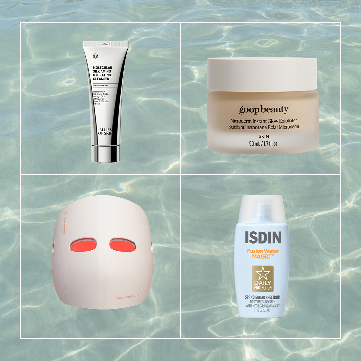 Collage of skincare products on a rippling water background