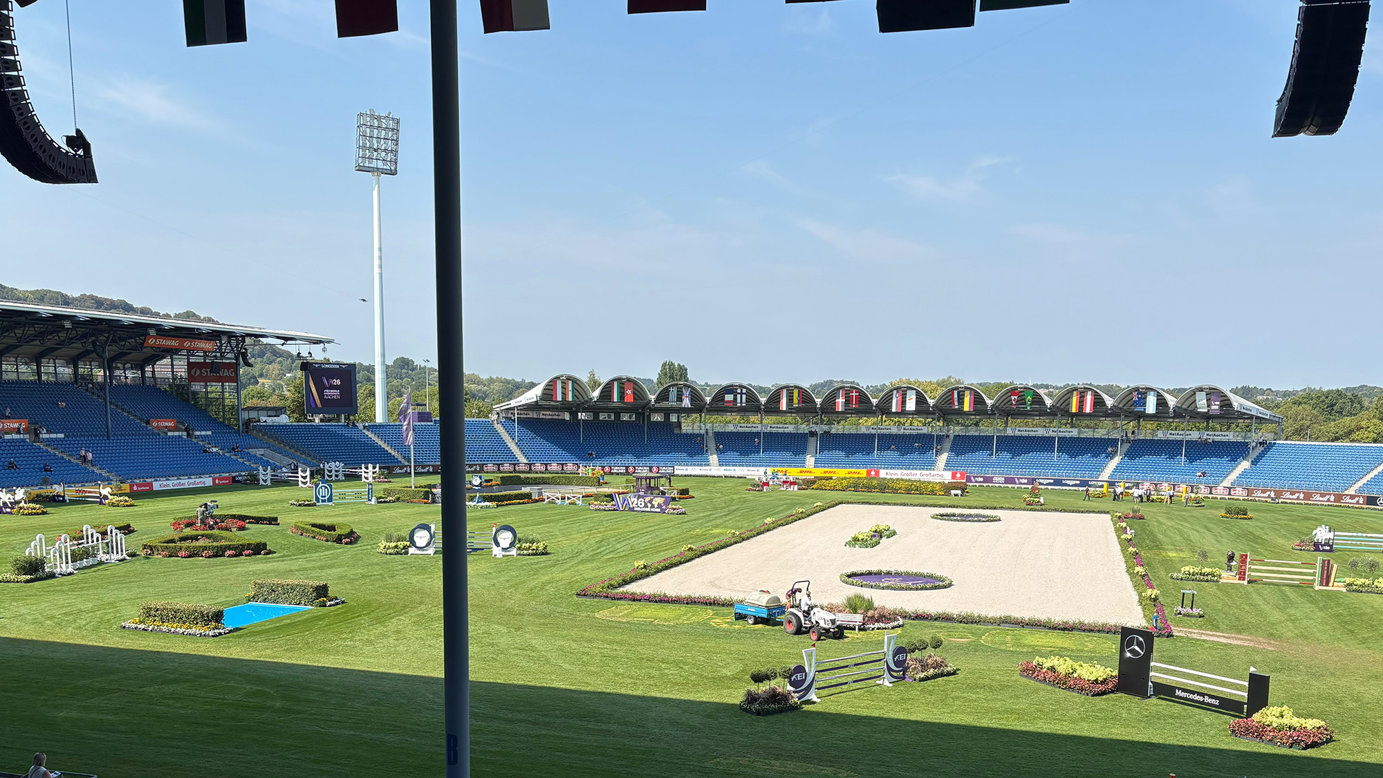 The view of the main arena at Aachen being prepared for the showjumping phase of the eventing World Championships
