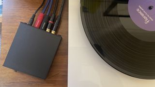 Rega Fono Mini A2D phono stage with Chord cables next to Rega turntable