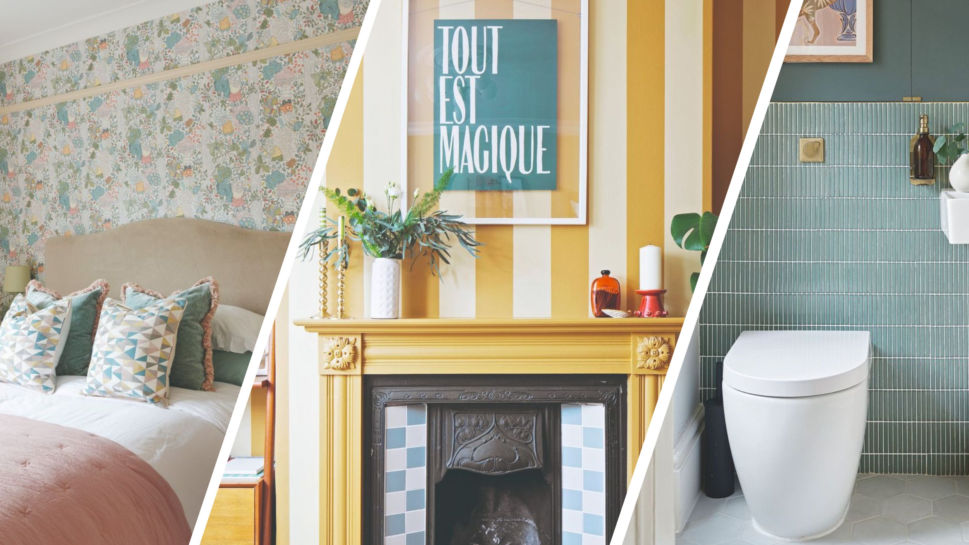 Spliced image showing a bedroom with a wallpaper feature wall, a colourful wall above a fireplace and a toilet sitting on a tiled wall