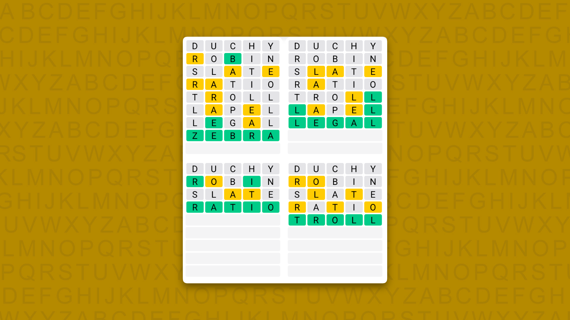 Quordle answers for game 1694 on a yellow background