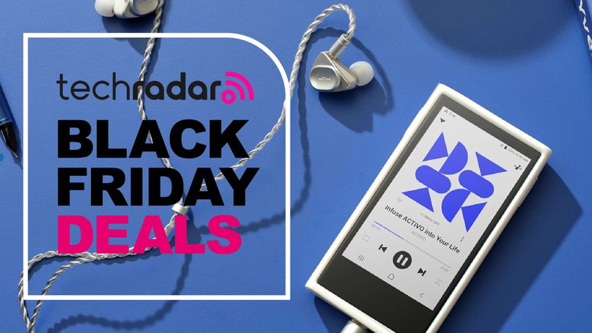 Active P1 and volcano earbuds on blue background, with TR&#039;s &#039;Black Friday deals&#039; badge