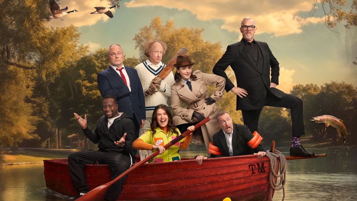 The Taskmaster season 18 line-up (from left): Babatunde Aléshé, Jack Dee, Andy Zaltzman, Rosie Jones, Emma Sidi with Little Alex Horne and host Greg Davies