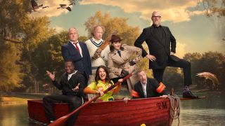 The Taskmaster season 18 line-up (from left): Babatunde Aléshé, Jack Dee, Andy Zaltzman, Rosie Jones, Emma Sidi with Little Alex Horne and host Greg Davies