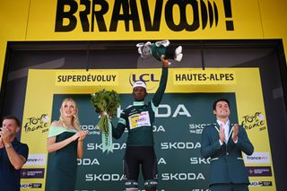 SUPERDEVOLUY LE DEVOLUY FRANCE JULY 17 Biniam Girmay of Eritrea and Team Intermarche Wanty Green Sprint Jersey celebrates at podium during the 111th Tour de France 2024 Stage 17 a 1778km stage from SaintPaulTroisChateaux to Superdevoluy 1500m UCIWT on July 17 2024 in Superdevoluy Le Devoluy France Photo by Dario BelingheriGetty Images