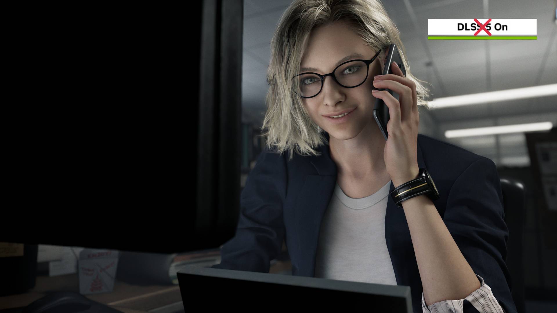 Screenshot of Resident Evil Requiem cutscene with Grace Ashcroft at desk while on phone and DLSS 5 on badge in top right corner with red cross over.