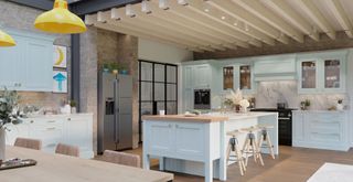 Sky blue country-style kitchen with exposed wooden ceiling beams painted cream to show key kitchen trends 2023