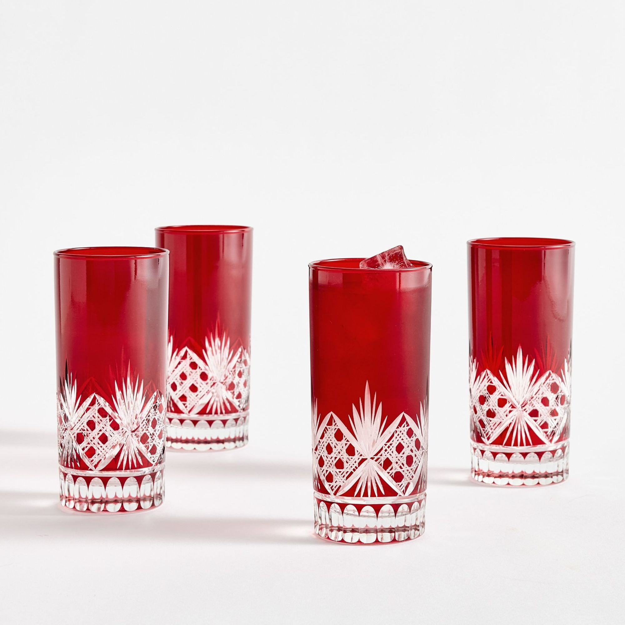 Red highball glasses with white fair isle design