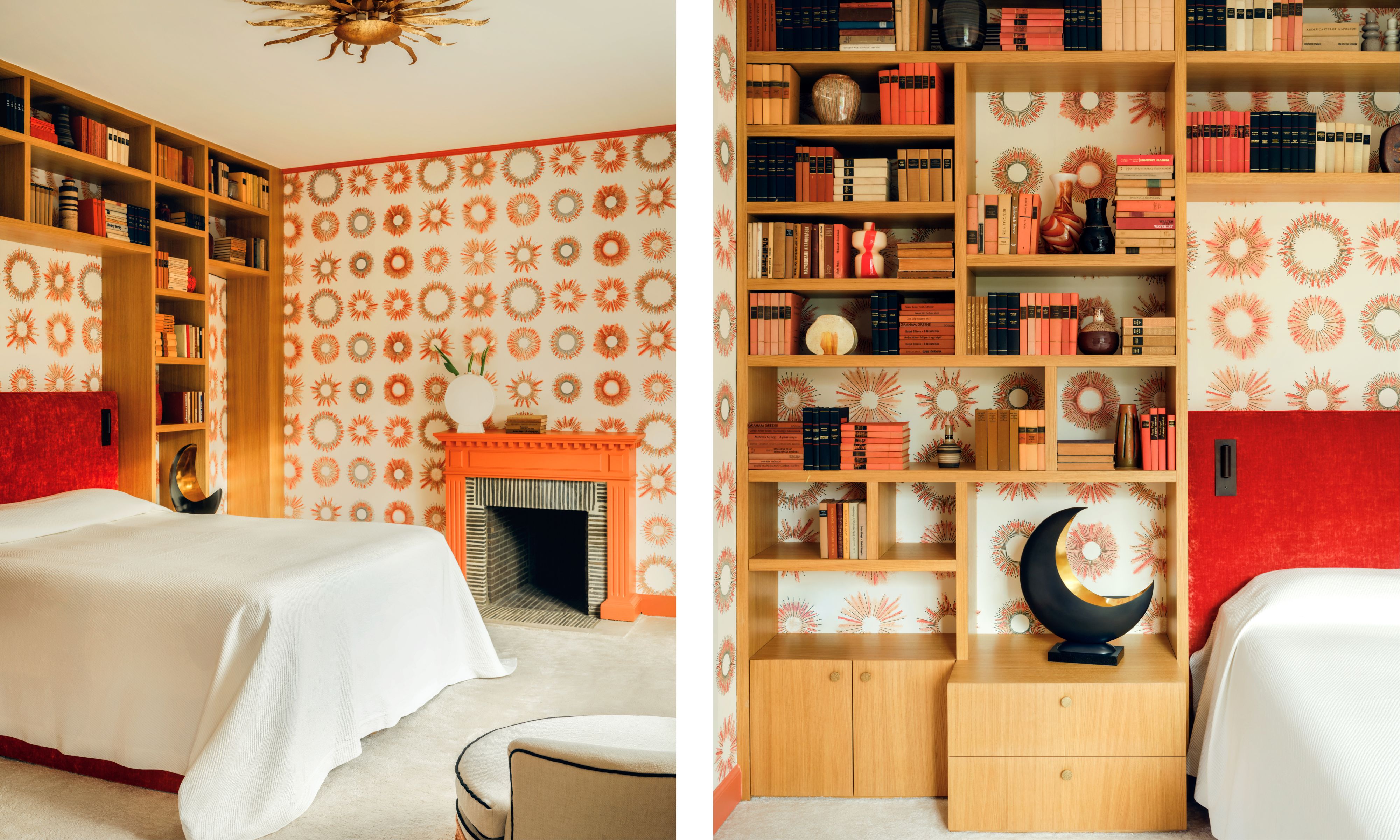 two side by side images of an orange patterned bedroom with custom oak storage surrounding the bed