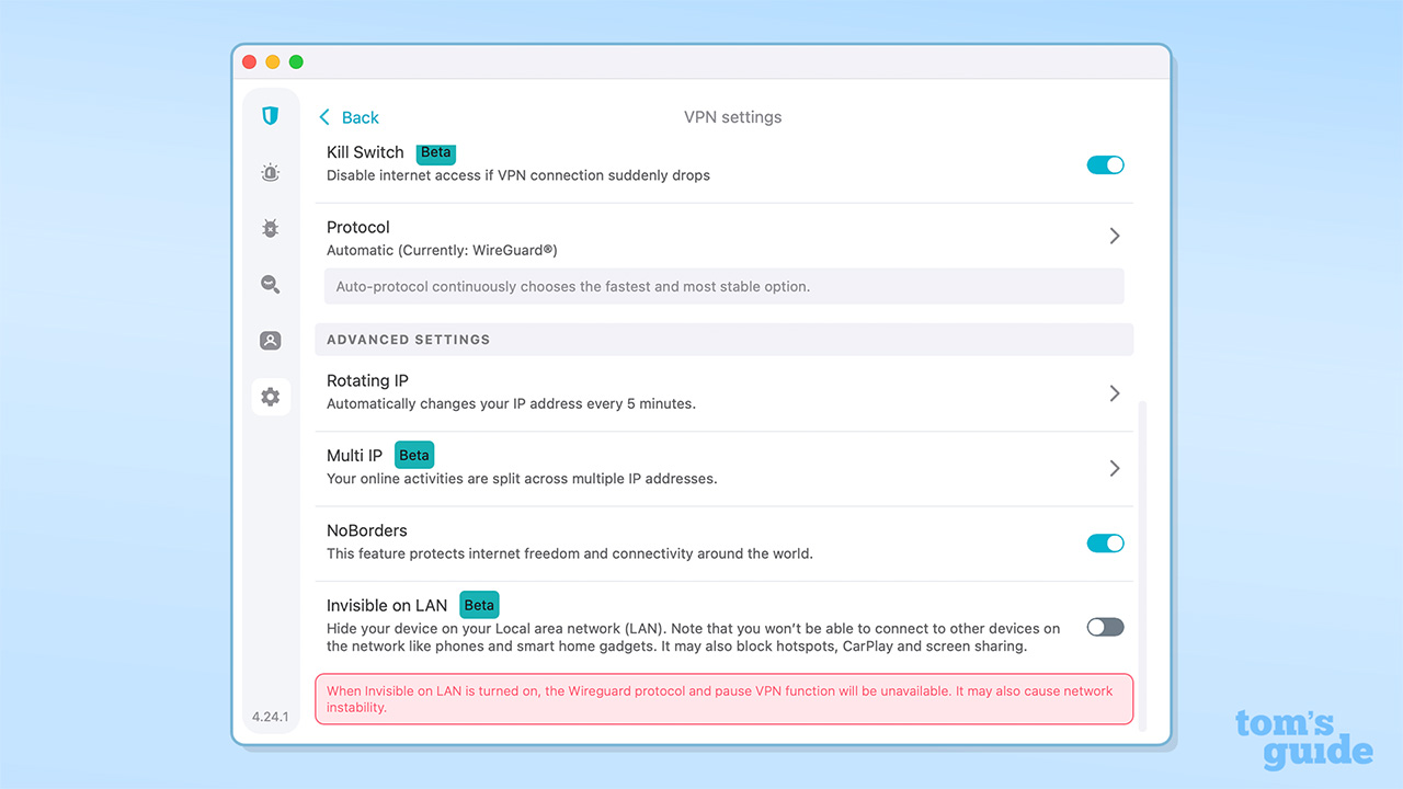 Screenshot of Surfshark VPN settings showing Multi IP and rotating IP