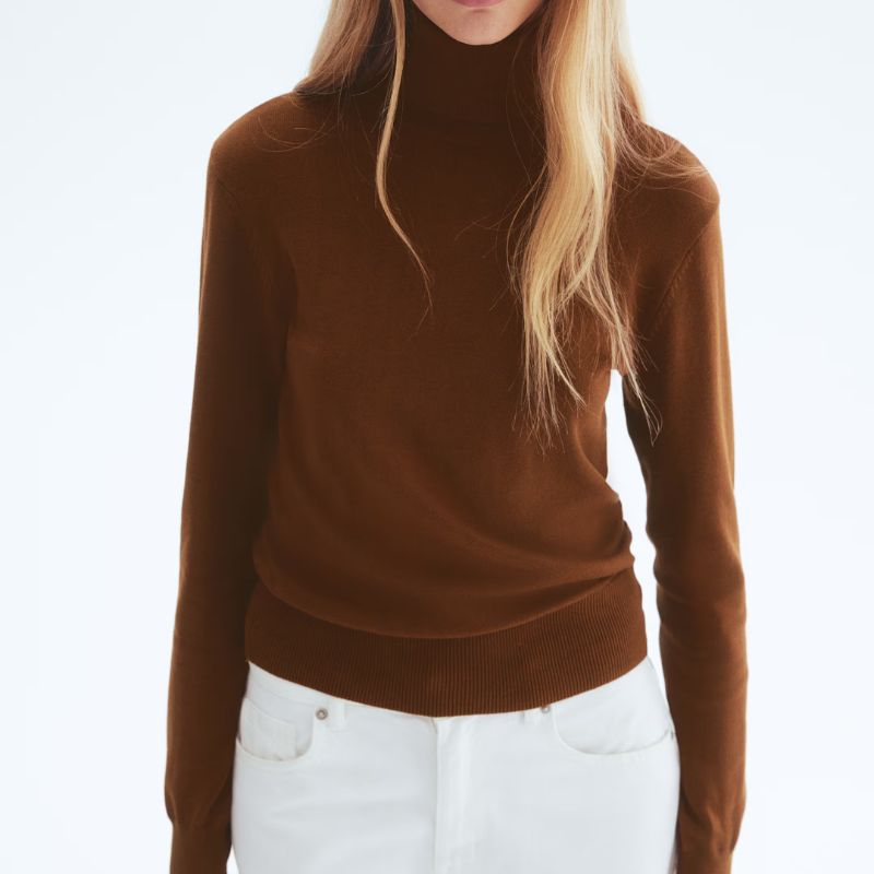 H&amp;amp;M toffee polo neck jumper on model 