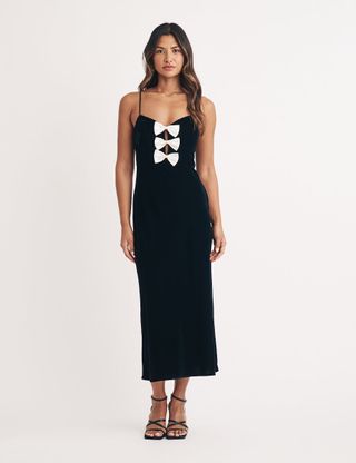 Black Velvet Bow Front Eliana Midi Dress