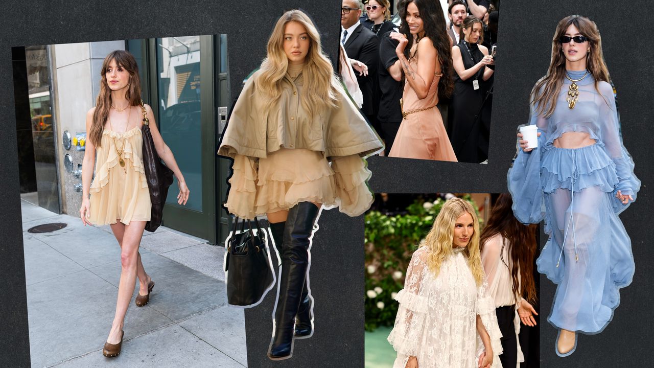 Daisy Edgar-Jones, Zoe Saldana, Sienna Miller, and Sydney Sweeney wearing Chloé fall/winter 2024 boho dresses.