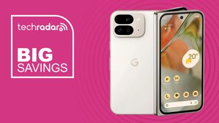 The Google Pixel 9 Pro Fold on a pink background. Text reads: Big savings