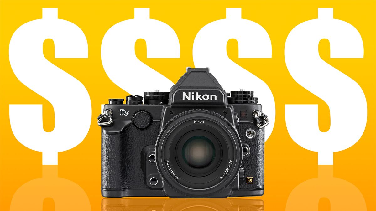 The Nikon Df against an orange/yellow background with dollar signs in the background 