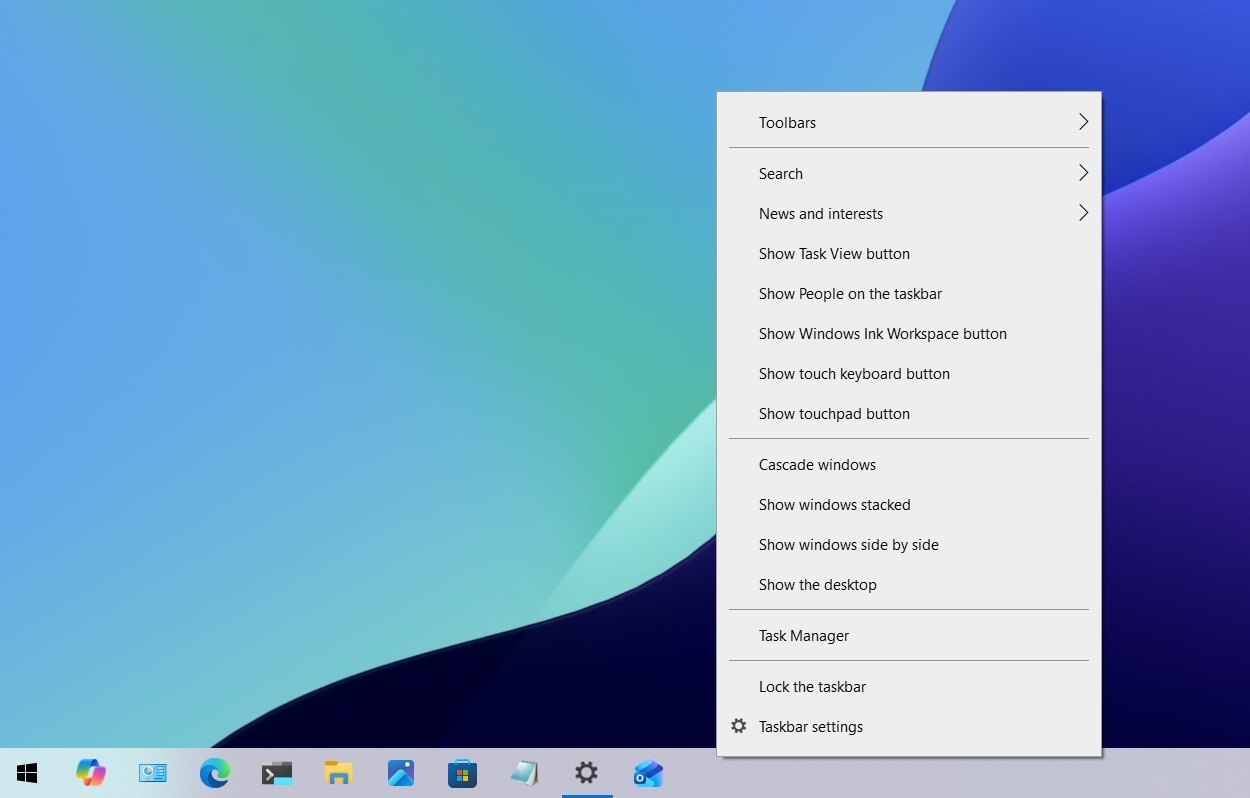 Windows desktop showing a taskbar menu with options like Toolbars, Search, and Task Manager. Background features a blue and green gradient.