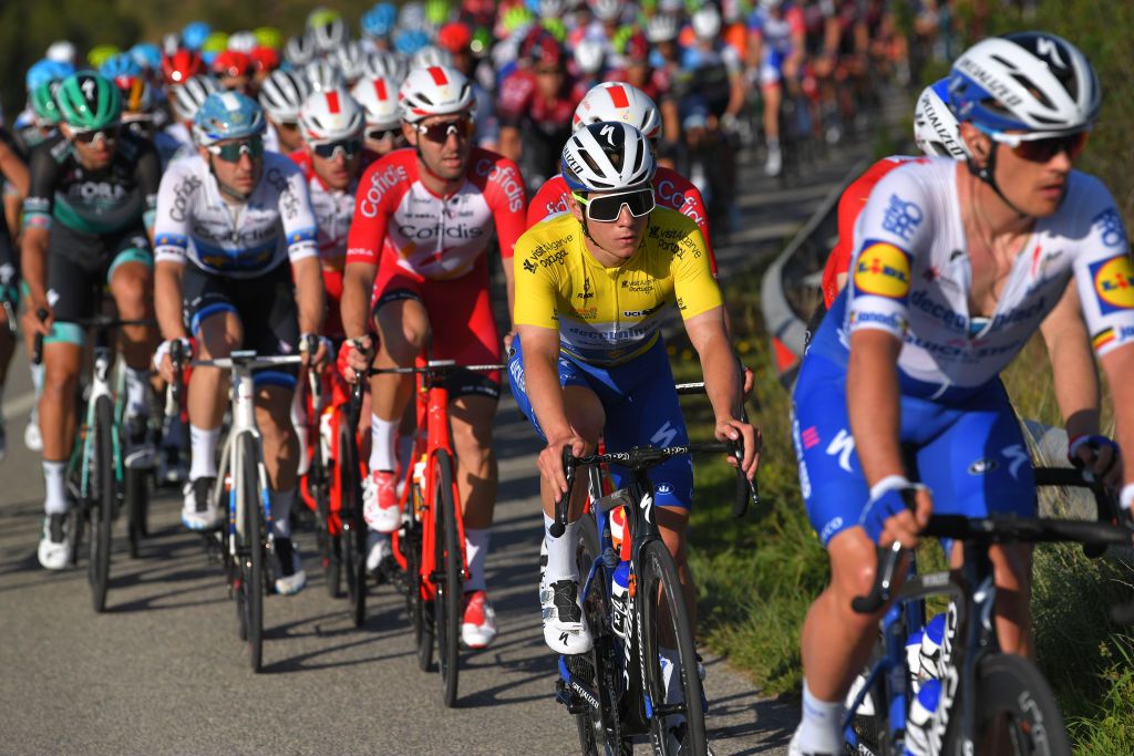 TAVIRA PORTUGAL FEBRUARY 21 Remco Evenepoel of Belgium and Team Deceuninck Quick Step Yellow Leader Jersey during the 46th Volta ao Algarve 2020 Stage 3 a 2019Km stage from Faro to Tavira VAlgarve2020 on February 21 2020 in Tavira Portugal Photo by Tim de WaeleGetty Images