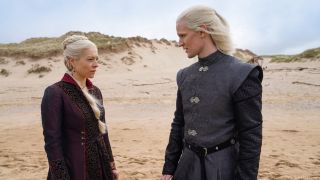 Emma D'Arcy as Rhaenyra Targaryen and Matt Smith as Daemon Targaryen on the beach in House of the Dragon