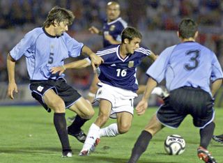 Pablo Aimar in action for Argentina against Uruguay in a World Cup qualifier in 2001.