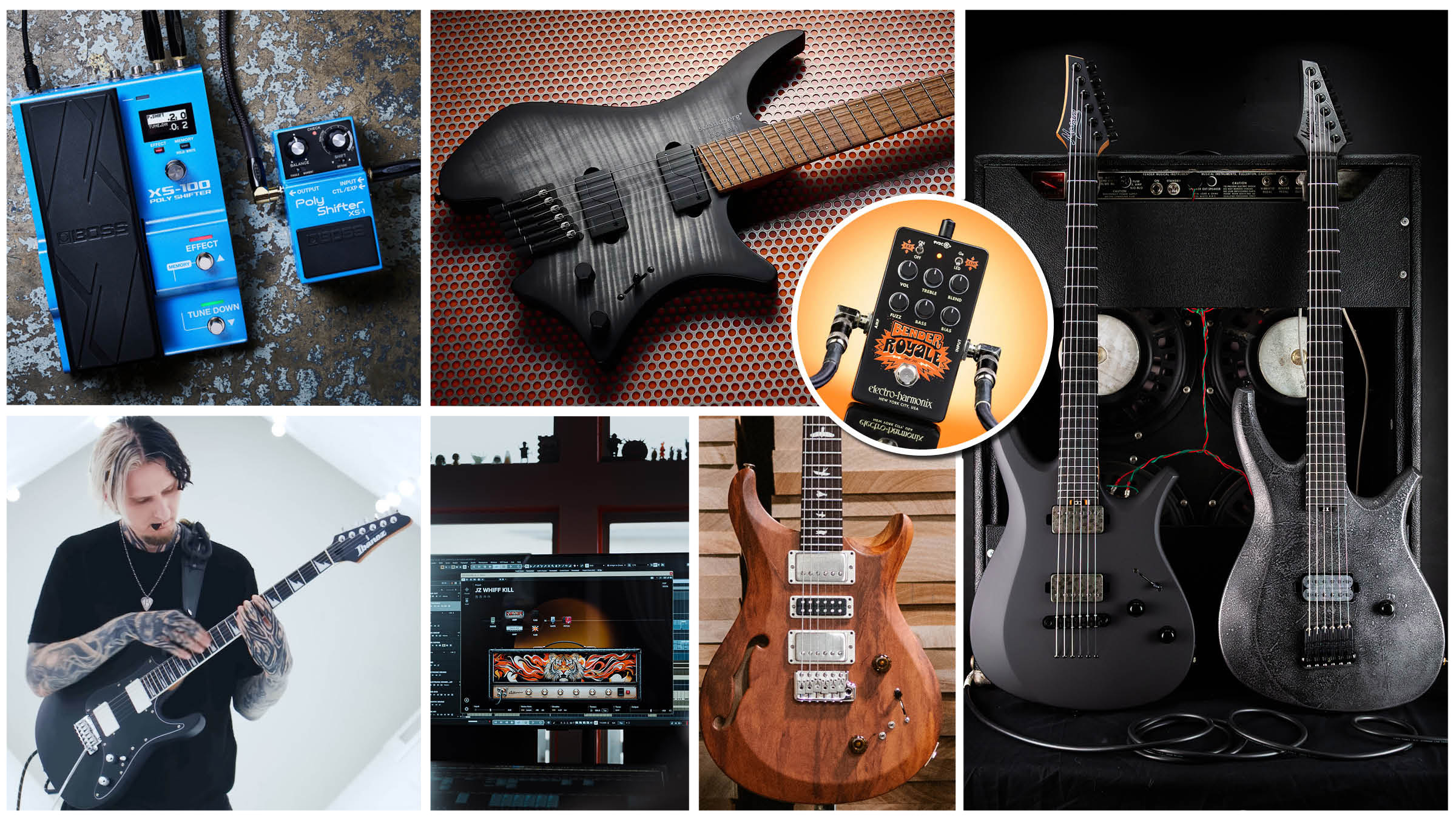 A comped image of new guitar gear products from Boss, Ibanez, Future, Positive Grid, PRS Guitars, Manson Guitar Works, and EHX