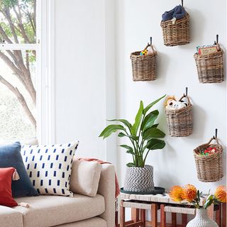living room with wall hung baskets