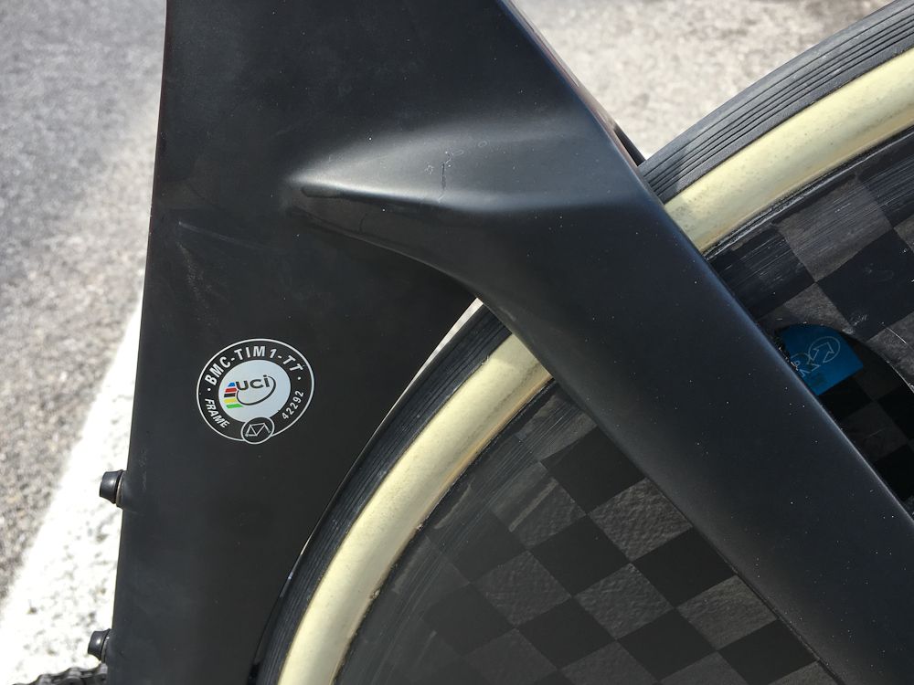 The seat tube is shaped around the rear wheel to improve air flow around the bike