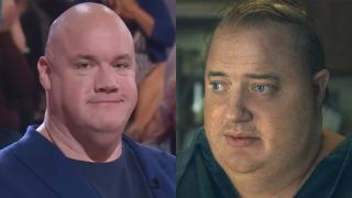 Left: Guy Branum on The Kelly Clarkson Show. Right: Brendan Fraser in The Whale.