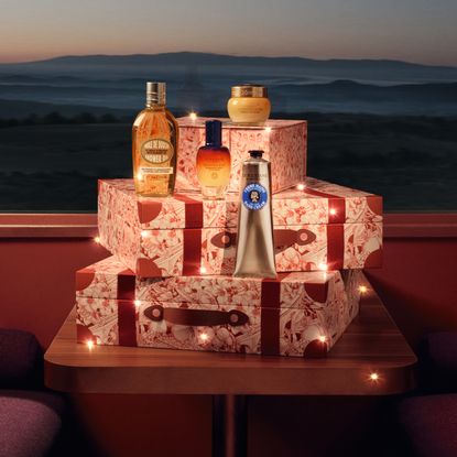 L'occitane Chrsitmas gifts infront of a Provence horizon