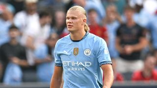 Erling Haaland of Manchester City looks on during a game between Manchester City and AC Milan at Yankee Stadium on July 27, 2024 in New York City.