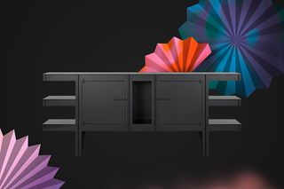 Black cabinet with colourful fans as background