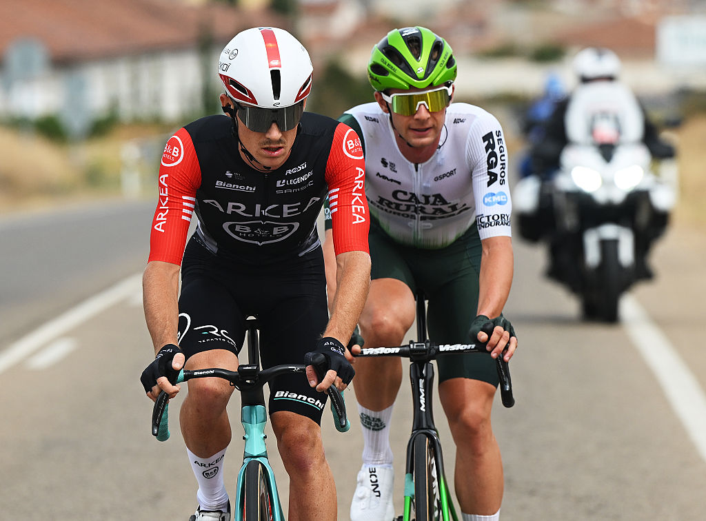 GUIJUELO, SPAIN - SEPTEMBER 12: (L-R) Victor Guernalec of France and Team Arkea - B&amp;amp;B Hotels and Jakub Otruba of Czech Republic and Team Caja Rural - Seguros RGA compete in the breakaway during the La Vuelta - 80th Tour of Spain 2025, Stage 19 a 161.9km stage from Rueda to Guijuelo/ #UCIWT / on September 12, 2025 in Guijuelo, Spain. (Photo by Dario Belingheri/Getty Images)