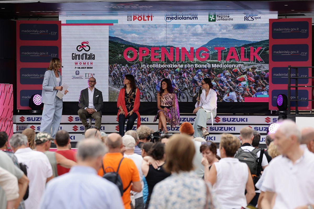 Questions and answers on stage at the 2024 Giro d'Italia Women teams presentation at the Piazza della Loggia in Brescia
