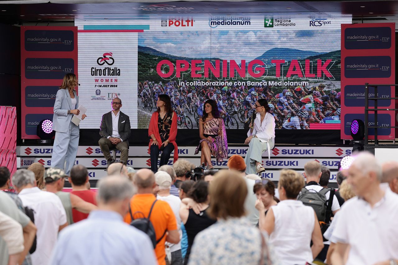 Questions and answers on stage at the 2024 Giro d'Italia Women teams presentation at the Piazza della Loggia in Brescia