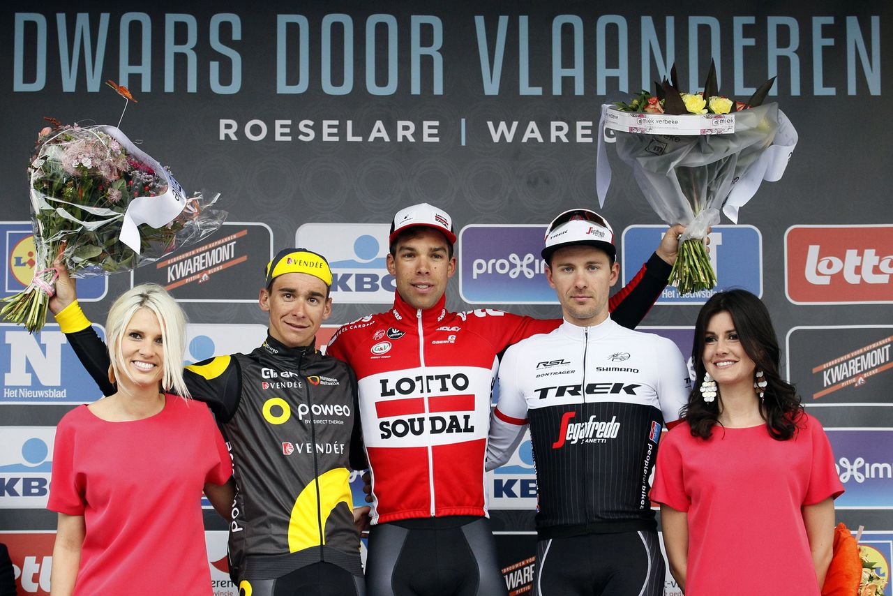 Bryan Coquard, Jens Debusschere and Edward Theuns on the Dwars door Vlaanderen podium