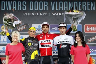 Bryan Coquard, Jens Debusschere and Edward Theuns on the Dwars door Vlaanderen podium