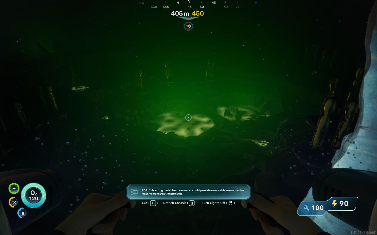 Subnautica 2 Axum Bacterial Culture: A player looking at glowing green pools in the distance, inside a dark cavern.