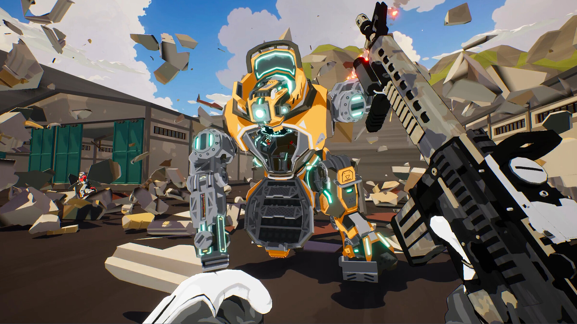 ShatterRush: A player running towards a yellow mech that's just crashed down in front of them.
