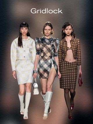 spring print trend: gridlock motif, models wearing checker and gingham prints in spring/summer 2024 collections