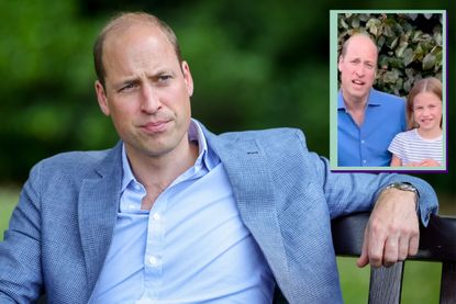 Prince William sat on a bench main image and drop in of Prince William and Princess Charlotte's video message to Lionesses