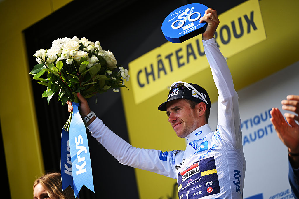 CHATEAUROUX, FRANCE - JULY 13: Remco Evenepoel of Belgium and Team Soudal Quick-Step celebrates at podium as White best young jersey winner during the 112th Tour de France 2025, Stage 9 a 174.1km stage from Chinon to Chateauroux ) / #UCIWT / on July 13, 2025 in Chateauroux, France.