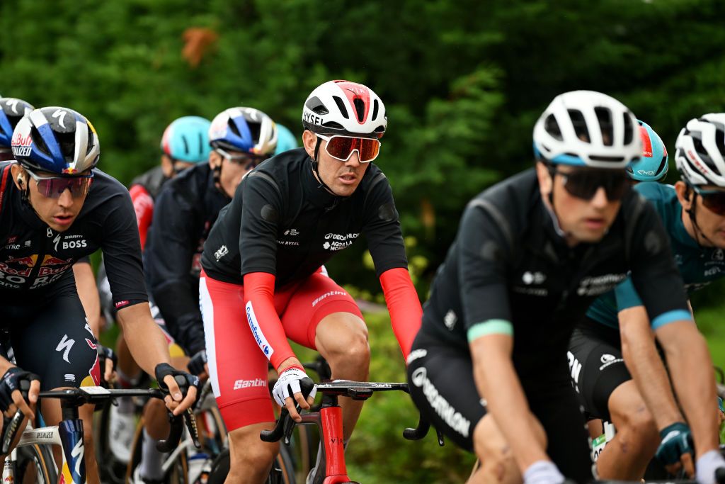 SANTANDER SPAIN SEPTEMBER 04 Ben OConnor of Australia and Team Decathlon AG2R La Mondiale Red Leader Jersey competes during the La Vuelta 79th Tour of Spain 2024 Stage 17 a 1415km stage Arnuero to Santander UCIWT on September 04 2024 in Santander Spain Photo by Dario BelingheriGetty Images