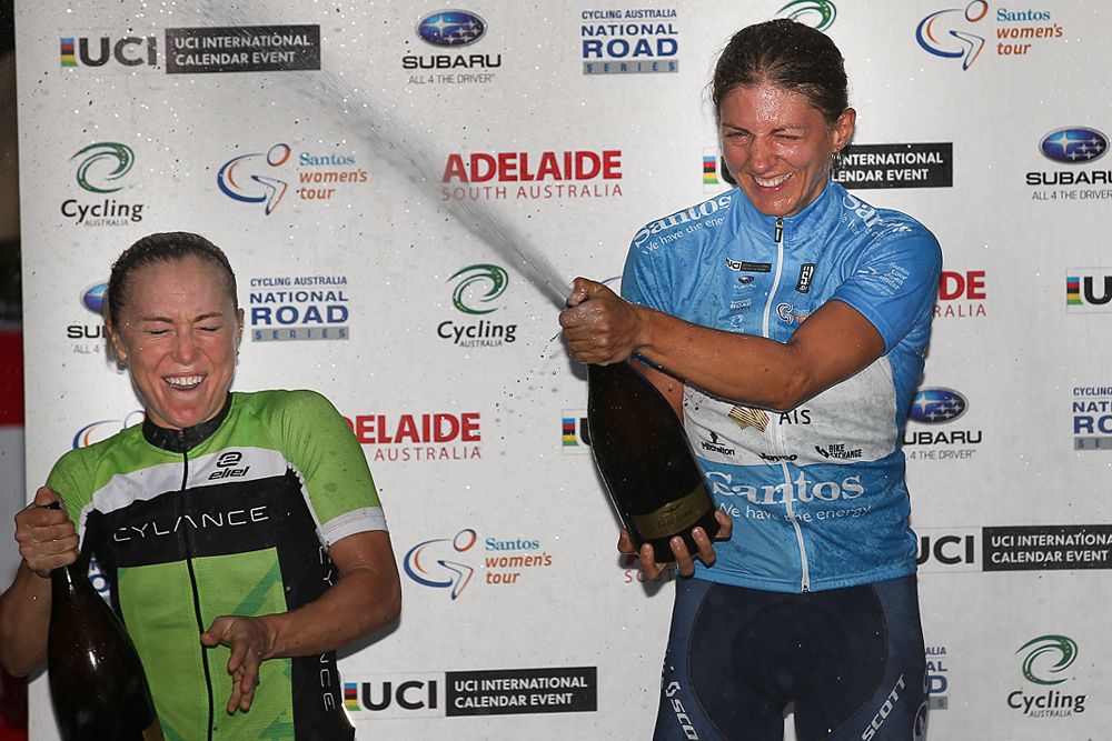 Katrin Garfoot (Orica-AIS) sprays champagne in celebration over her overall victory