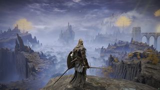 Elden Ring screenshot of the player Tarnished standing in a grimdark fantasy world.